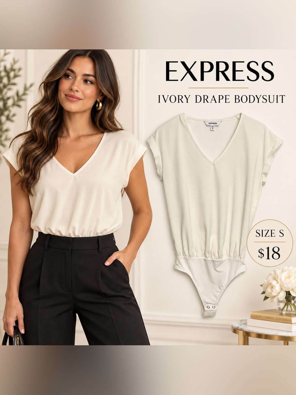 Express Ivory V-Neck Drape Bodysuit